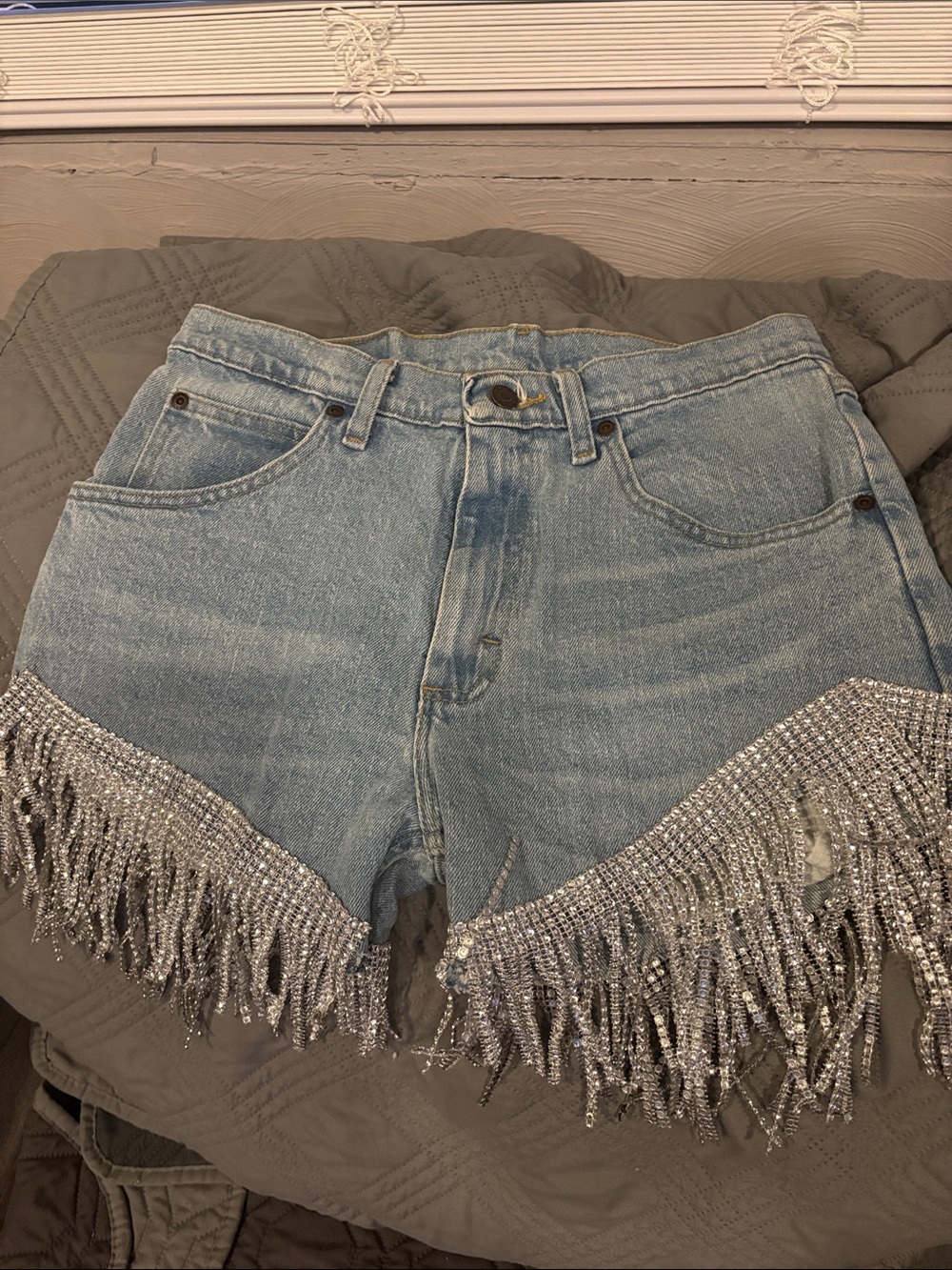 Light Wash Denim Fringe Shorts with Silver Beaded Trim